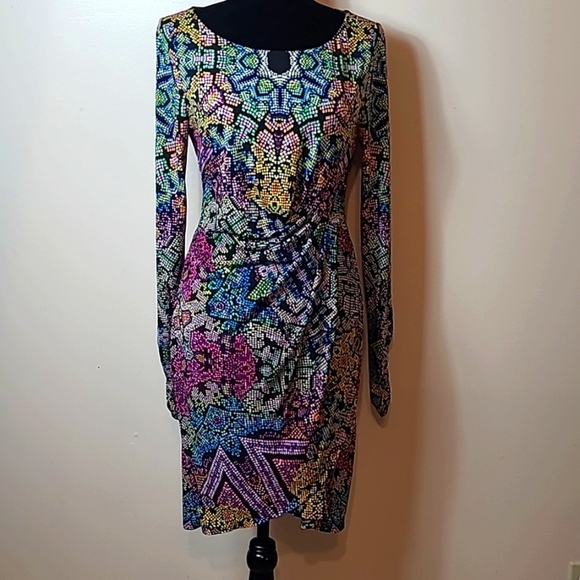 Hale Bob Dresses & Skirts - Hale Bob Shift Dress Long Sleeve Colorful Med Reptile Ruched Bodycon Womens